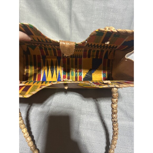 Handmade African Tote Bag Leather Wooden Beads Vibrant Colors Shape Kenate Bold - Picture 5 of 8